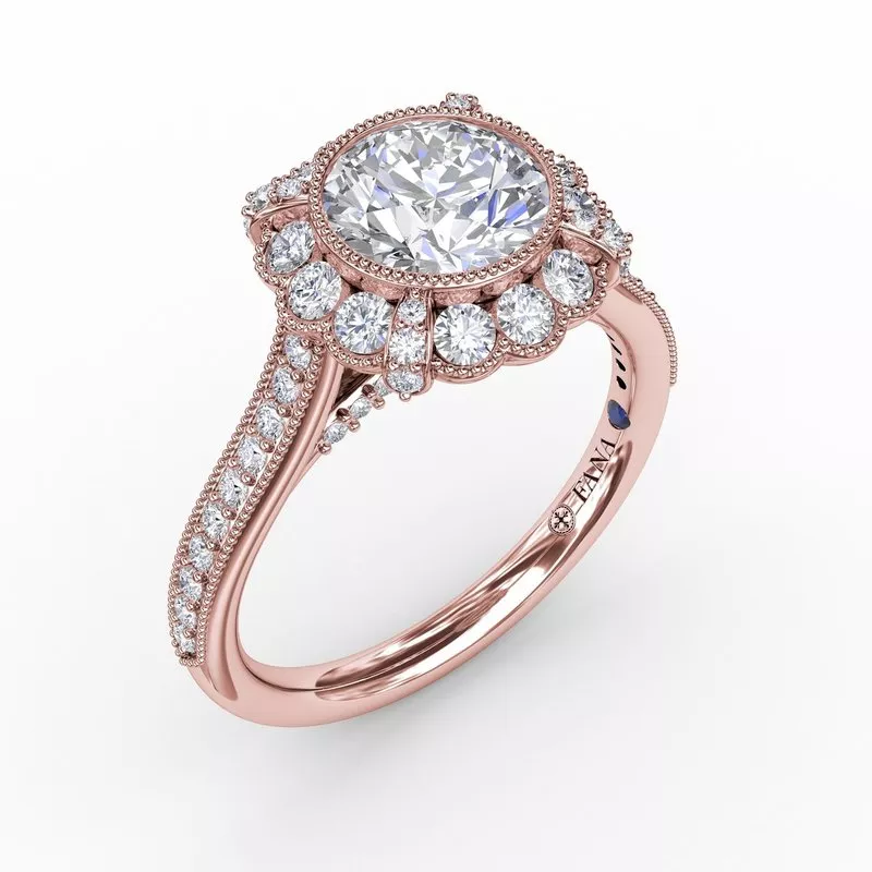 FANA Vintage Scalloped Halo Engagement Ring Setting With Milgrain Details - Image 3